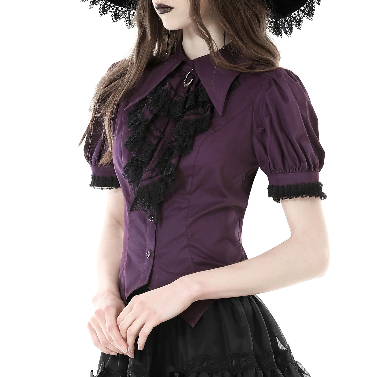 Camisa Morada con Chorreras y Broche de Luna - Image 4